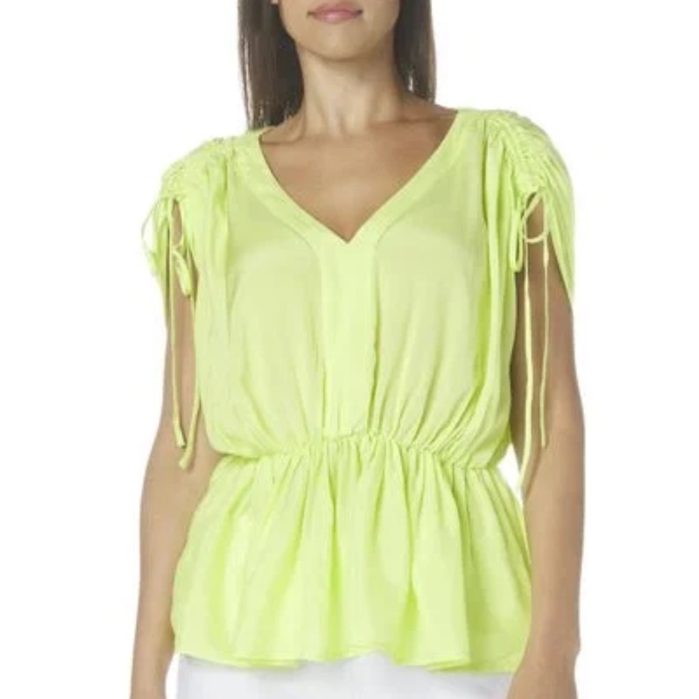 NWT Trina Turk Siara  Lime Blouse with Drawstring Sleeves